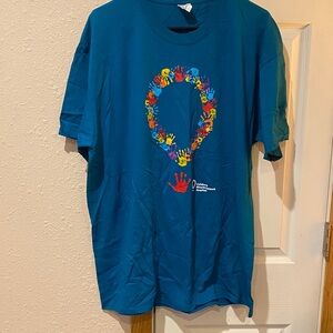 Port and Company Teal Short Sleeve Tee with Colorful Handprint Design